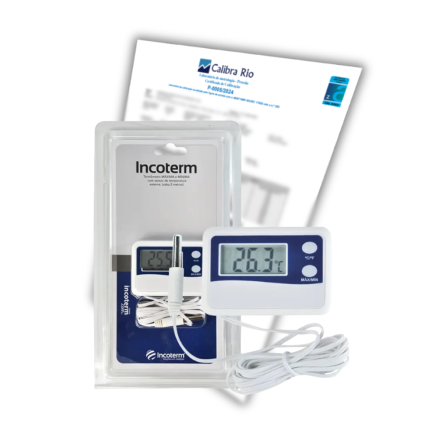 Termômetro Digital Com Máxima e Mínima de -50ºC a +70ºC - Cabo De 2 m - Incoterm - Acompanha Certificado de Calibração Com Selo de Acreditação RBC