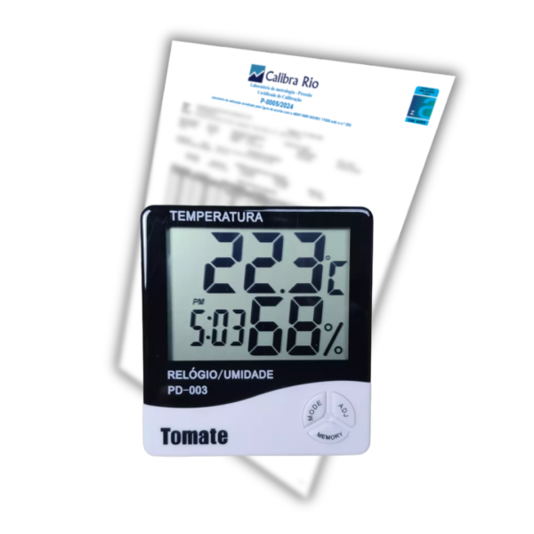 Termo-Higrômetro Digital com Sensor Interno de -10ºC a +50ºC Tomate - com Certificado de Calibração com Selo de Acreditação RBC