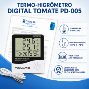 Termohigrômetro digital Tomate PD-005 de -50ºC a 70ºC - Acompanha Certificado de Calibração Com Selo de Acreditação RBC