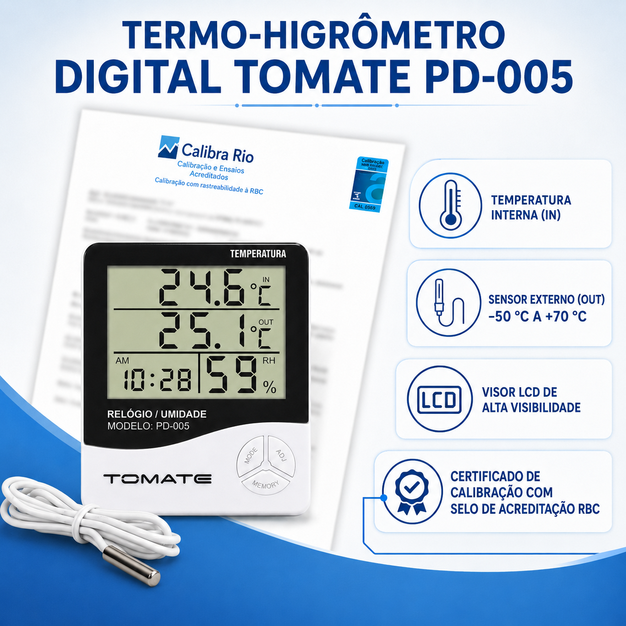 Termohigrômetro digital Tomate PD-005 de -50ºC a 70ºC - Acompanha Certificado de Calibração Com Selo de Acreditação RBC